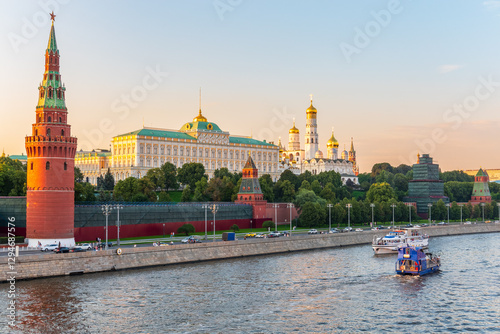 Photography View of Kremlin with Vodovzvodnaya tower, Grand Kremlin Palace from repaired Bolshoy Kamenny Bridge in Moscow city on sunny summer day