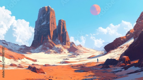 Pixel Art Desert Landscape with Snow-Covered Red Rock Formations and Lone Figure