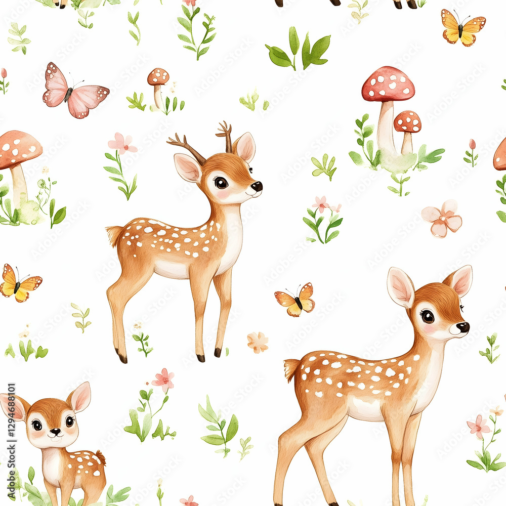 Naklejka premium Charming woodland creatures create a whimsical seamless pattern of deer and butterflies. Seamless pattern. Generative AI