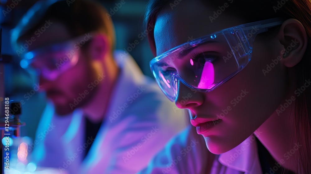 Focused Female Scientist in Lab Neon Goggles Researching Science Technology Innovation Development Experiment Purple Blue Lighting Medical Focused Female Scientist in Lab Neon Goggles Researching Science Technology Innovation Development Experiment Purple Blue Lighting Medical