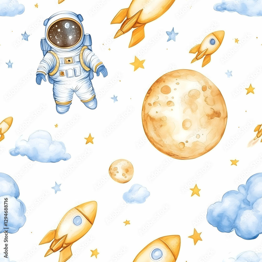 Fototapeta Adventurous cosmic journey through stars and planets with rockets and an astronaut in a seamless pattern. Seamless pattern. Generative AI
