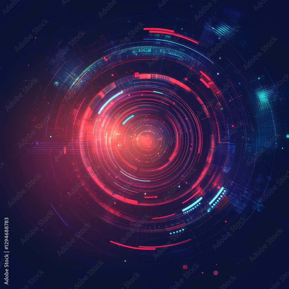 Fototapeta premium Abstract Glowing Circular Pattern Digital Art with Red, Blue, and Pink Hues Description Abstract