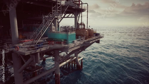 An old oil rig platform towering in the vast expanse of the ocean, extracting resources to fuel energy needs.