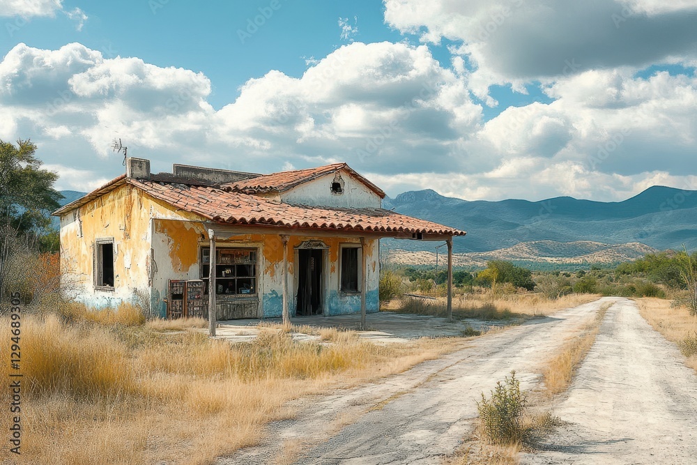 Rustic Abandoned Mexican House Alongside a Deserted Roadway Amidst a Scenic Landscape Rustic Abandoned Mexican House Alongside a Deserted Roadway Amidst a Scenic Landscape