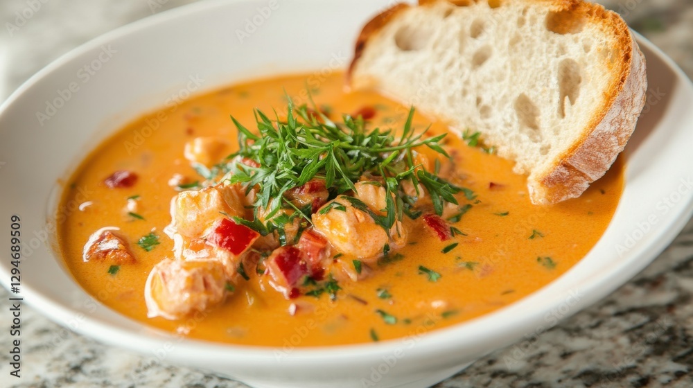 Creamy Bisque Soup with Fresh Herbs and Bread Slice Creamy Bisque Soup with Fresh Herbs and Bread Slice