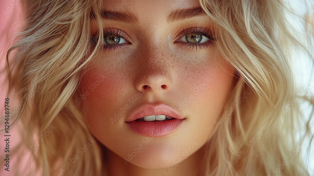 Close-up portrait of a woman with blonde hair and freckles. Focus on her eyes, soft lips, and delicate features, creating a serene, natural. Close-up portrait of a woman with blonde hair and freckles. Focus on her eyes, soft lips, and delicate features, creating a serene, natural.