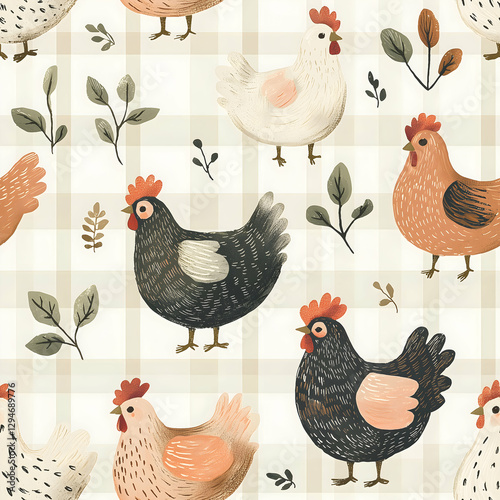 Charming seamless pattern of playful chickens among gentle foliage in soft pastel hues and checkered backdrop. Seamless pattern. Generative AI