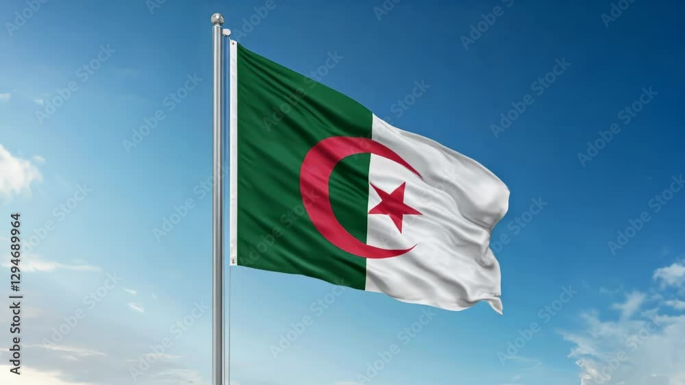 National flag of algeria waving on the wind, banner on a blue sky