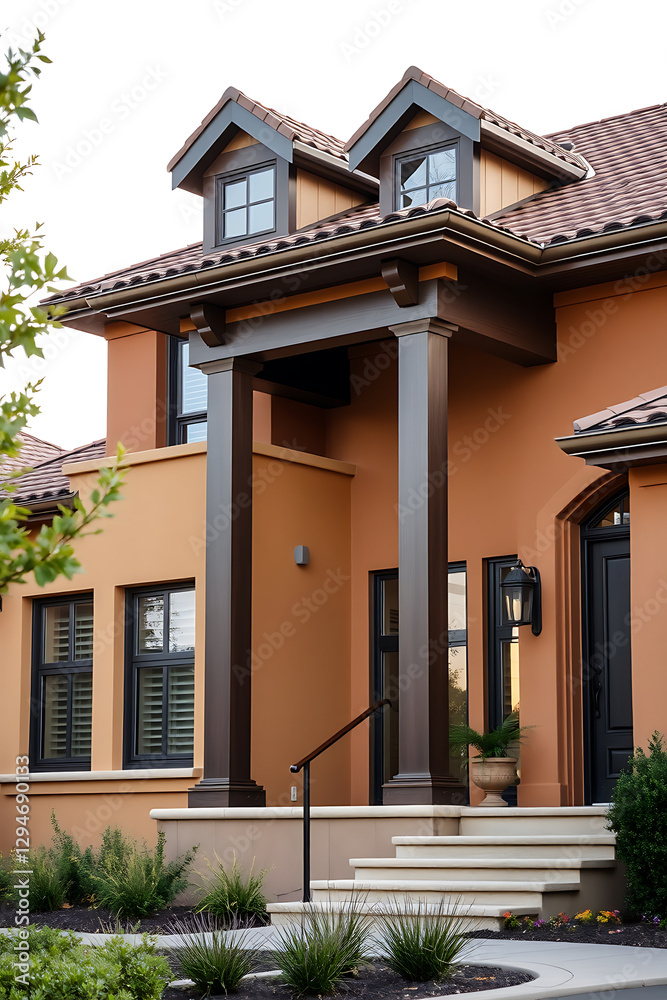 Mediterranean-Style House Exterior: Stunning Orange Stucco, Dark Brown Columns, and Landscaped Entrance Mediterranean-Style House Exterior: Stunning Orange Stucco, Dark Brown Columns, and Landscaped Entrance