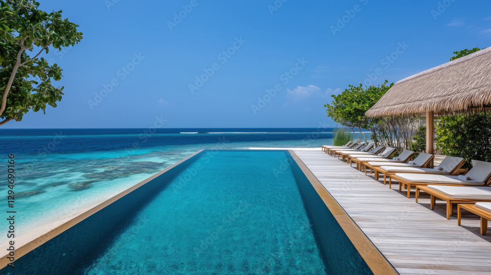 Fototapeta premium A Luxurious Infinity Pool at the Edge of the Beach, Water Blends with the Horizon, Strategically Placed Deck Chairs for Perfect Views of the Vast Ocean, Offering a Serene and Peaceful