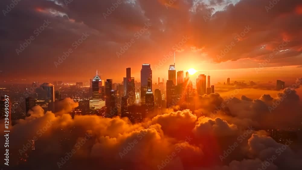 video of sunrisesunset over city skyline with modern skyscrapers, depicting warm, cloudy sky Cityscape partially obscured by clouds or mist, creating depth and distance Serene, ether - AI-Generated