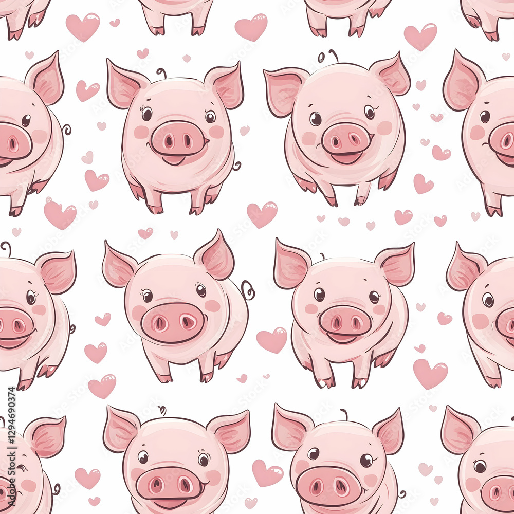 Charming seamless pattern of playful pigs surrounded by hearts for joyful designs. Seamless pattern. Generative AI Charming seamless pattern of playful pigs surrounded by hearts for joyful designs. Seamless pattern. Generative AI