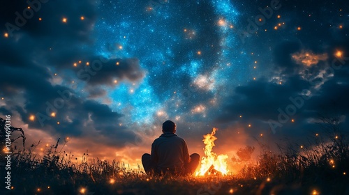 Man meditates by campfire under starry sky