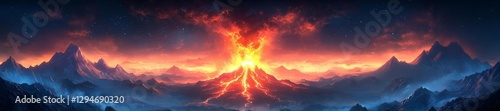 Volcanic eruption with fiery lava streaming down a mountain peak under a dramatic sky. Generative AI