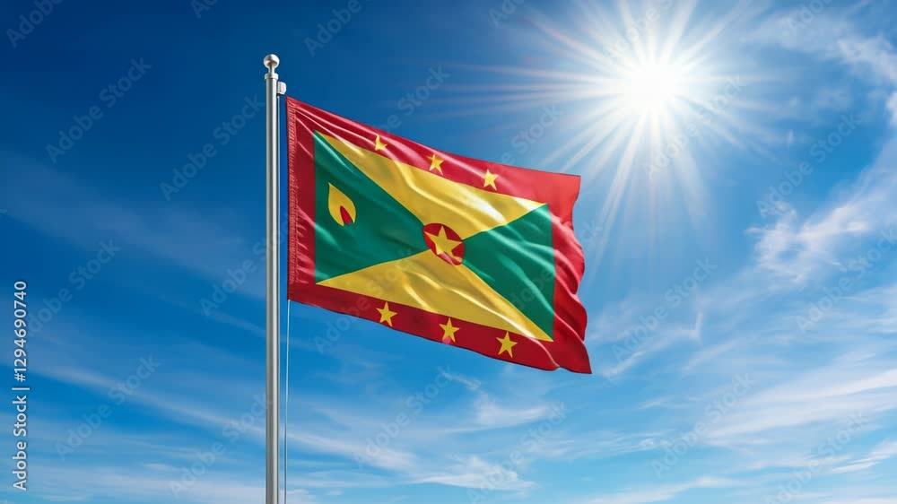 National flag of grenada waving on the wind, banner on a blue sky