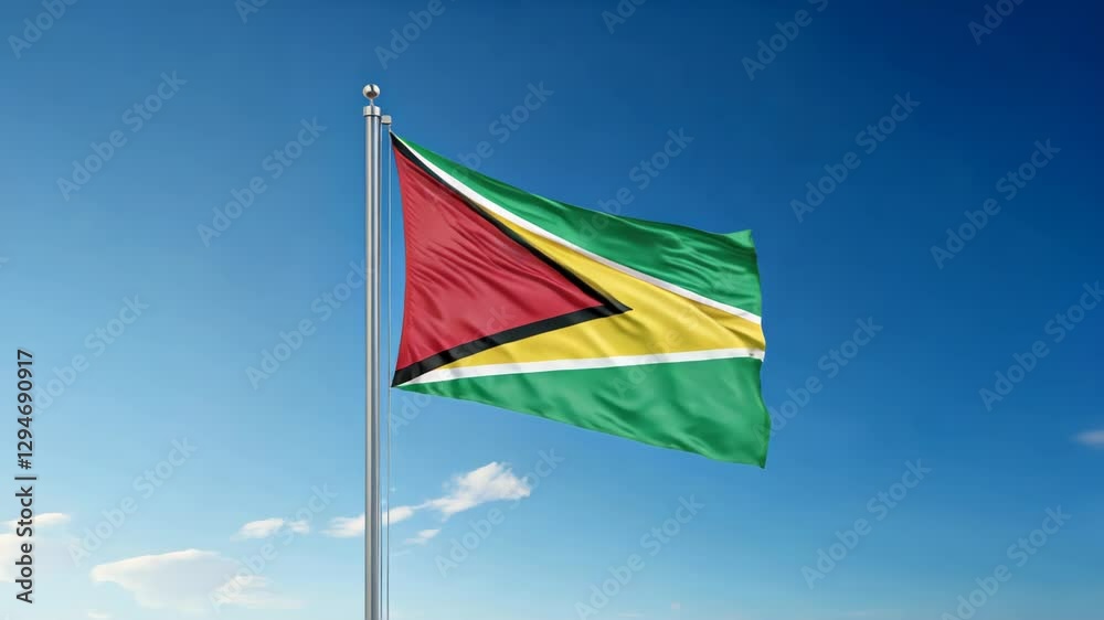 National flag of guyana waving on the wind, banner on a blue sky