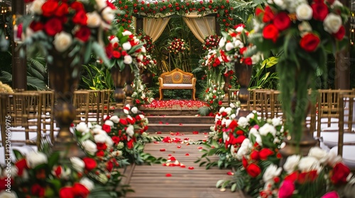 Indian wedding stage features flowers in shades of red, white, and green, creating a vibrant and festive atmosphere.