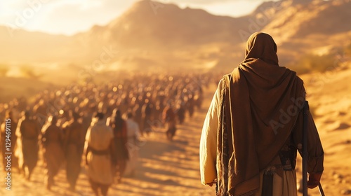 A group of people walking in desert. Exodus is the first time that moses has crossed the border. A group of israelites escape from the desert. A crowd of individuals strolling lifestyle through the. photo