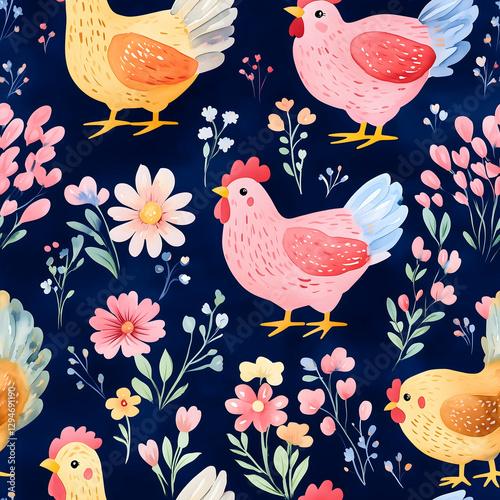 Charming seamless pattern featuring colorful chickens and vibrant flowers for delightful design projects. Seamless pattern. Generative AI