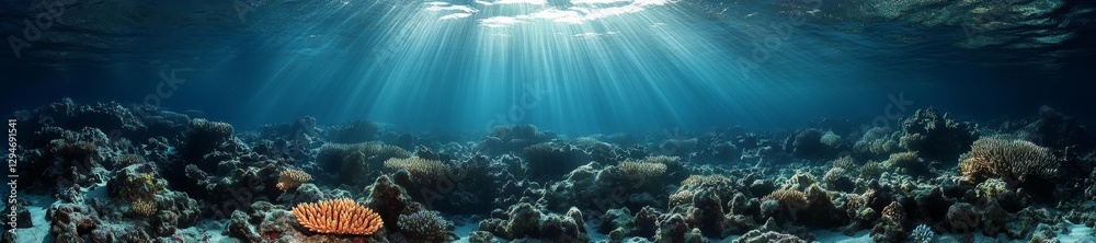 Fototapeta premium Vibrant underwater coral reef with rays of sunlight breaking through the water. Generative AI