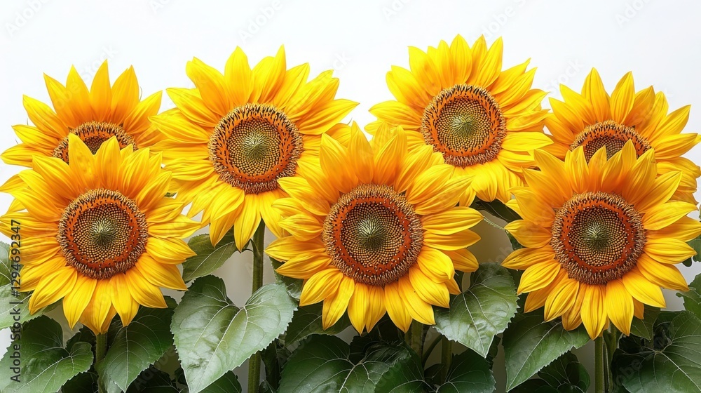 Fototapeta premium A vibrant display of multiple sunflowers with rich yellow petals and brown centers, creating a cheerful and lively atmosphere against a light background.