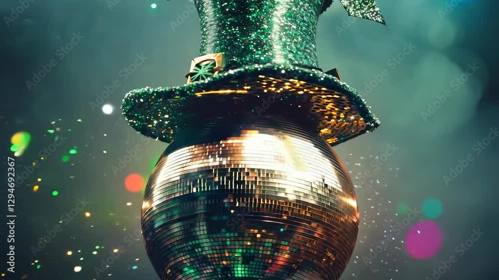 A vibrant video showcases a disco ball, a figure in a top hat striding towards the right, and an ethereal atmosphere The scene captures a frozen dance floor moment filled with light, m - AI-Generated