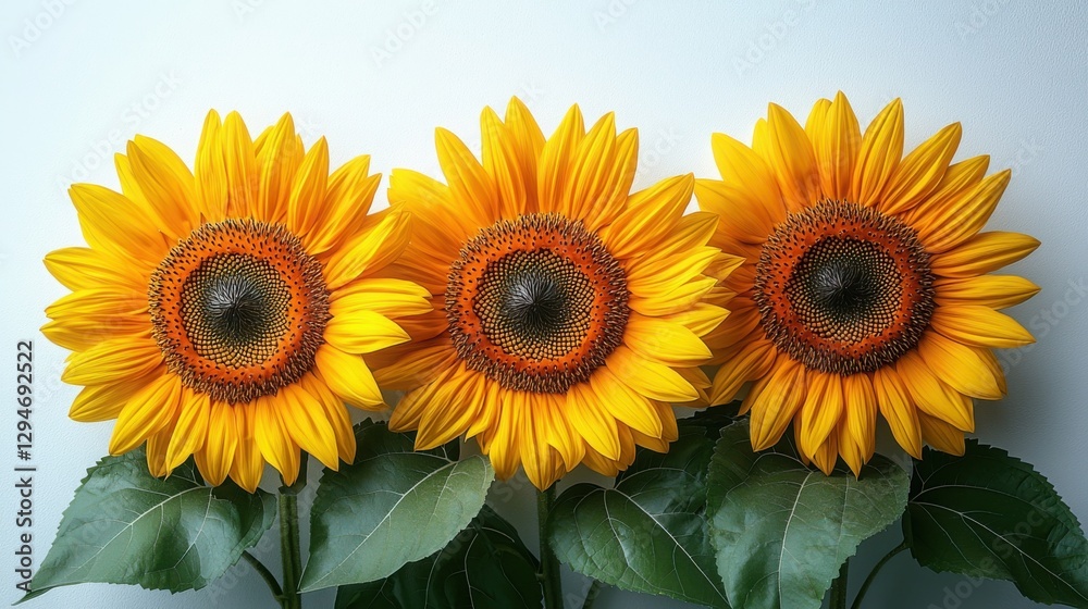 Obraz premium A trio of vibrant sunflowers with bright yellow petals and dark centers against a light background, showcasing nature's beauty and vitality.