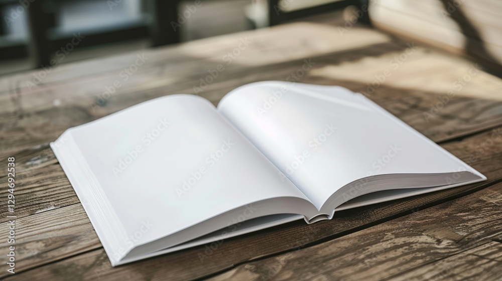 Open magazine on a table with a blank white page for your design or text. Open magazine on a table with a blank white page for your design or text.