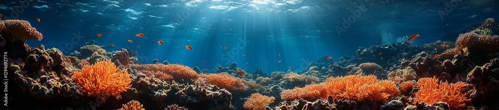 Fototapeta premium Vibrant Coral Reef Under Clear Blue Ocean Waters with Sunlight Streaming. Generative AI