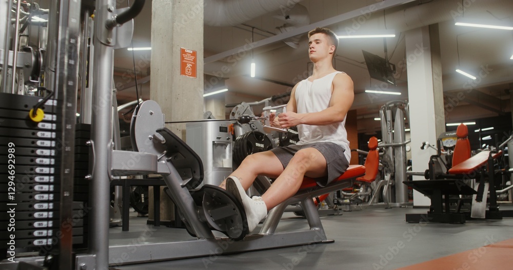 Fototapeta premium A healthy young man of European appearance is engaged in an exercise machine, shaking his chest muscles, lifting weights with his hands, sitting on a bench