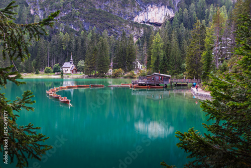 фотографія Lago di Braies Pragser Wildsee with wooden fisherhut lake mountain lake and the