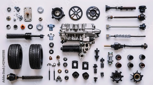 Spare car parts on a white background. Auto mechanics and automotive parts. Engine service with room for text.