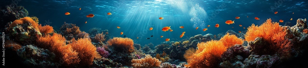 Naklejka premium Underwater Coral Reef with Colorful Fish and Sunlight Streaming Through the Water. Generative AI