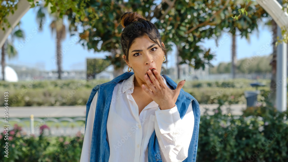 A young brunette businesswoman in a tree-filled park on a spring day, making funny facial expressions while looking at the camera A young brunette businesswoman in a tree-filled park on a spring day, making funny facial expressions while looking at the camera
