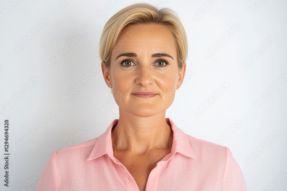 Portrait of a confident middle-aged woman in a pink blouse looking at the camera Portrait of a confident middle-aged woman in a pink blouse looking at the camera