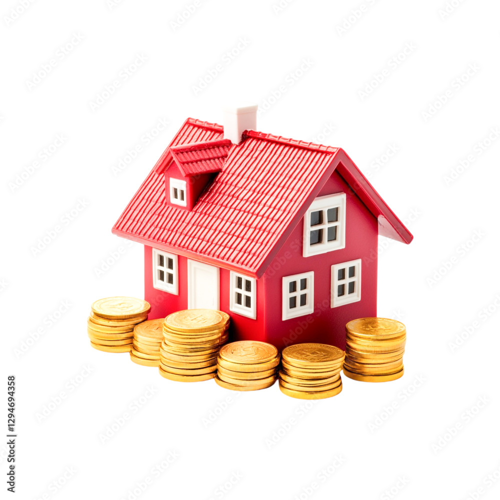 Red house dreams fueled by golden coins financial success homeownership wealth aspiration Red house dreams fueled by golden coins financial success homeownership wealth aspiration