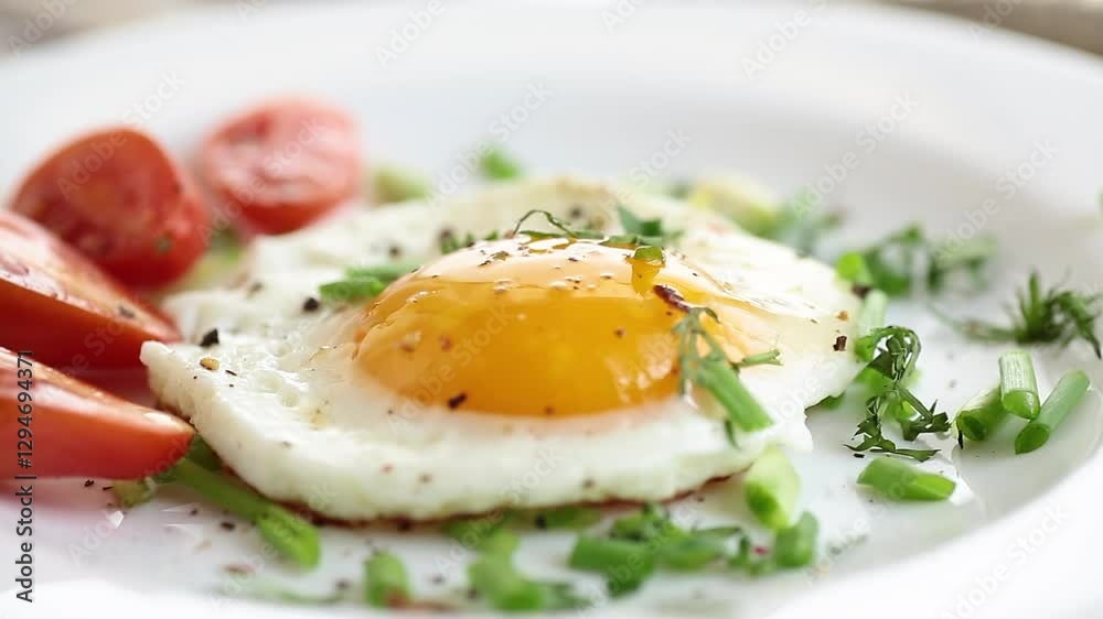 Fried eggs with cherry tomatoes and greens for breakfast Fried eggs with cherry tomatoes and greens for breakfast