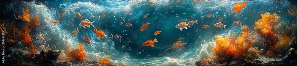Fototapeta premium Vibrant Underwater Scene with Fish and Waves Creating Dynamic Motion. Generative AI