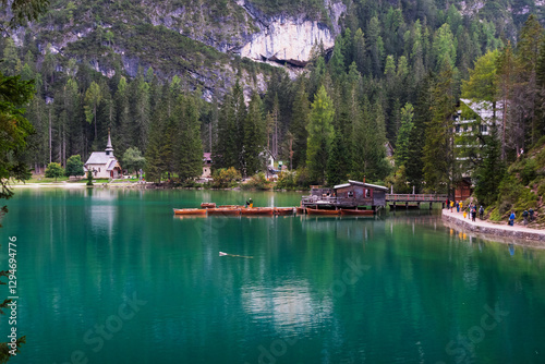 Lago di Braies Pragser Wildsee with wooden fisherhut lake mountain lake
