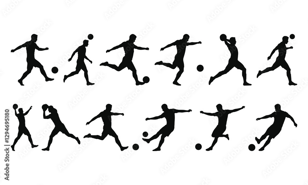 Set of silhouettes soccer player, football player vector illustration, balck colour, minimalist design, isolated on a white background Set of silhouettes soccer player, football player vector illustration, balck colour, minimalist design, isolated on a white background