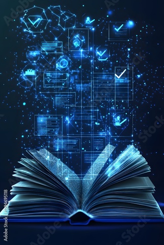 Open Book with Glowing Digital Data and Checkmarks