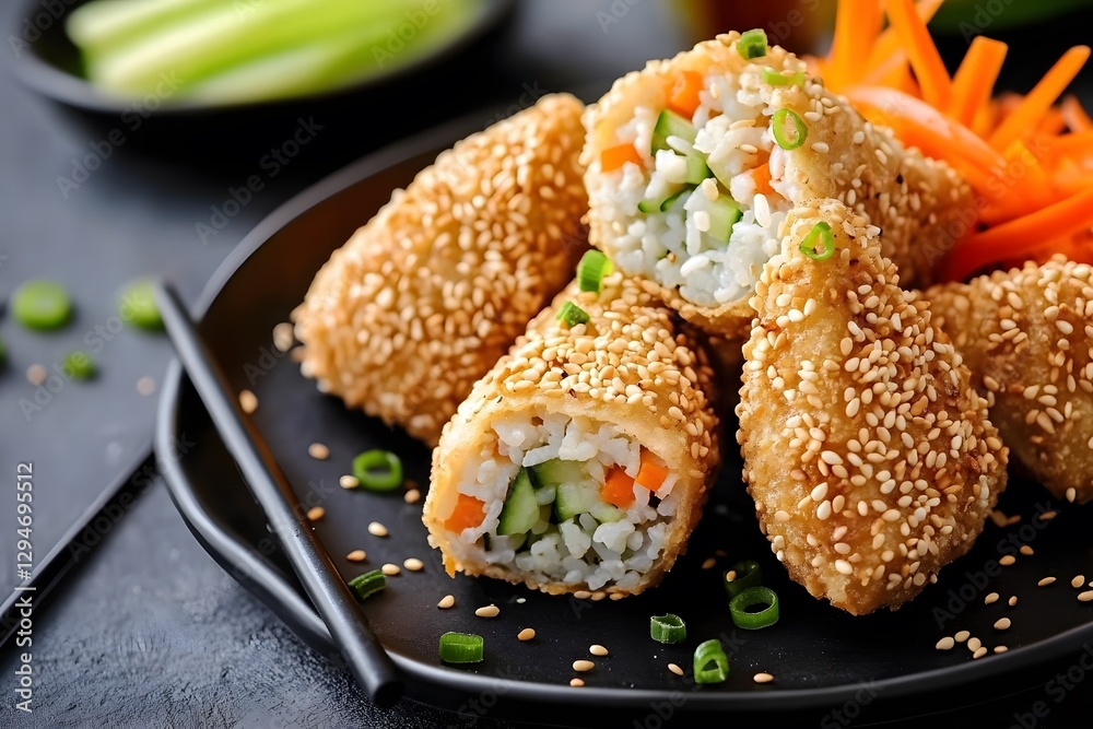 Crispy Sesame Rice Rolls with Vegetables Asian Cuisine Food Photography Crispy Sesame Rice Rolls with Vegetables Asian Cuisine Food Photography