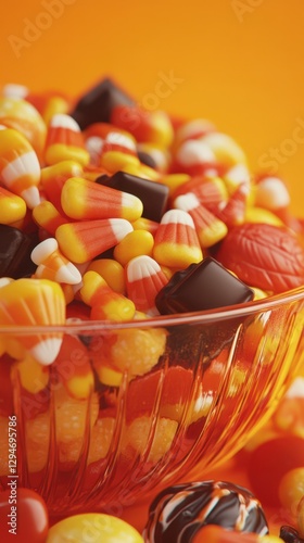 Colorful assortment of Halloween candy fills a glass bowl on an orange background