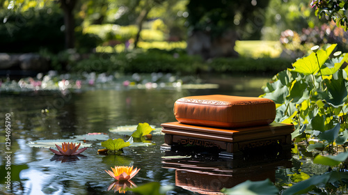 A tranquil pond with lotus flowers, a wooden podium in the foreground, and a nature-inspired background
