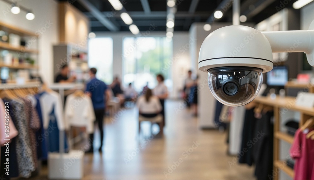 A security camera monitors shoppers in a modern boutique against a blurred background.
A security camera monitors shoppers in a modern boutique against a blurred background.