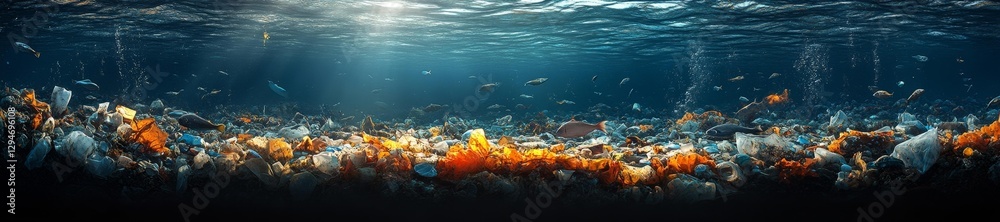 Fototapeta premium Polluted Ocean with Trash Fish Swimming Amongst Plastic Waste. Generative AI