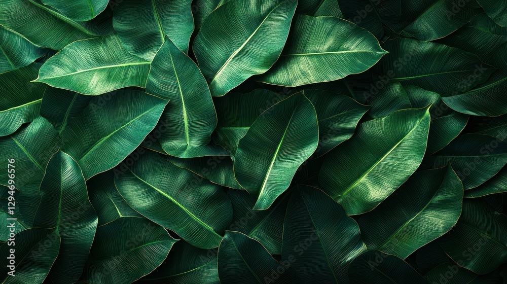 Fototapeta premium Lush tropical leaves background texture, overhead shot