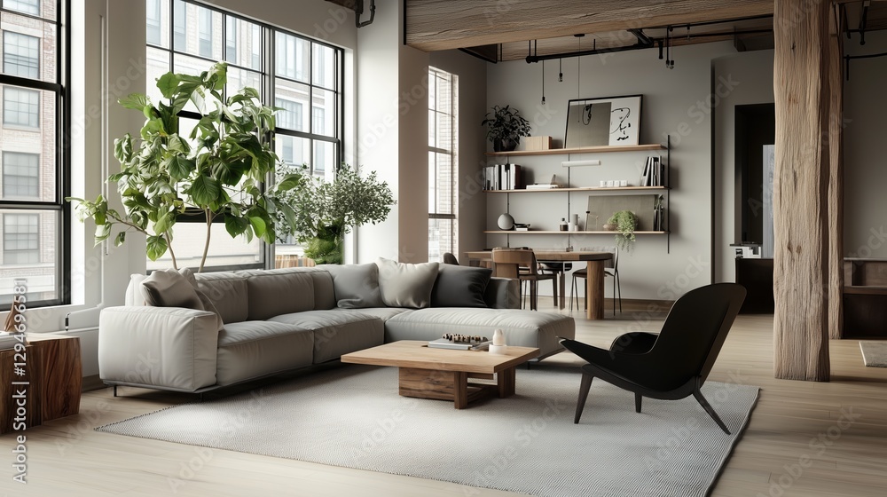 Fototapeta premium Urban Oasis: Light-filled living room with large windows, modern furniture, plants, and hardwood floors creating a serene and stylish space.