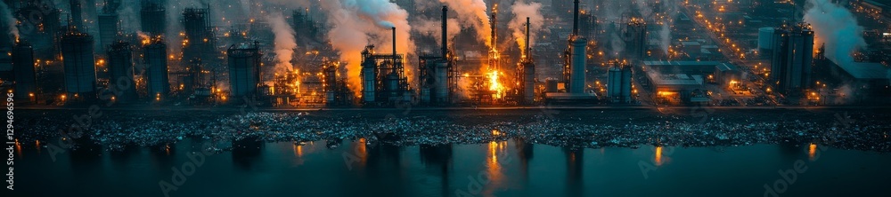 Obraz premium Toxic industrial factory emitting fumes and chemicals near a river. Generative AI