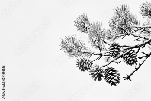 Snow-covered pine tree branch with clusters of cones set against a stark white winter background, evoking a serene and tranquil wintry scene.